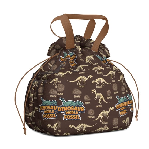 Brown Cartoon Dinosaurs Fossils Pattern Drawstring Lunch Bag Women - Drawstring Lunch Bag Insulated for Work Office - Stain-Resistant Large Lunchbags for Women with Multi-Pockets
