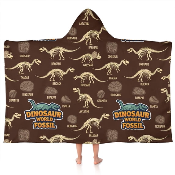 Brown Cartoon Dinosaurs Fossils Pattern Hooded Bath Towel,50"x30" for Ages 3 To 12 Kids, Quick Dry Lightweight Soft Microfiber Hood Beach Towel Cover Up for Kids