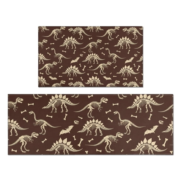 Brown Cartoon Dinosaurs Fossils Pattern Kitchen Rugs Sets Of 2,Anti Fatigue Kitchen Mat Rugs Non Slip Washable,Decorative Kitchen Floor Mats for Kitchen,Sink,Laundry,17"x30"+17"x47"