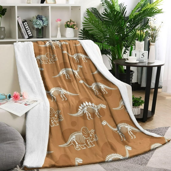 Brown Cartoon Dinosaurs Skeletons Pattern Blanket,Comfortable Soft Lamb Wool Throw Blanket,All Season,Warm Lightweight Blankets for Sofa Bed Couch Living Room Chair,60"x80"