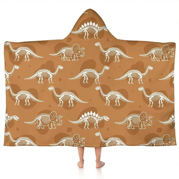 Brown Cartoon Dinosaurs Skeletons Pattern Hooded Bath Towel,50"x30" for Ages 3 To 12 Kids, Quick Dry Lightweight Soft Microfiber Hood Beach Towel Cover Up for Kids