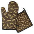 thumbnail image 1 of Brown Cartoon Dinosaurs Skeletons Pattern Kitchen Oven Mitt and Pot Holder Sets 4 Pcs for Baking, Cooking and Grilling, Heat Resistant Up To 392 °F, 1 of 7