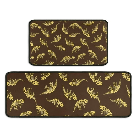 Brown Cartoon Dinosaurs Skeletons Pattern Kitchen Rugs Sets Of 2,Anti Fatigue Kitchen Mat Rugs Non Slip Washable,Decorative Kitchen Floor Mats for Kitchen,Sink,Laundry,17"X30"+17"X47"