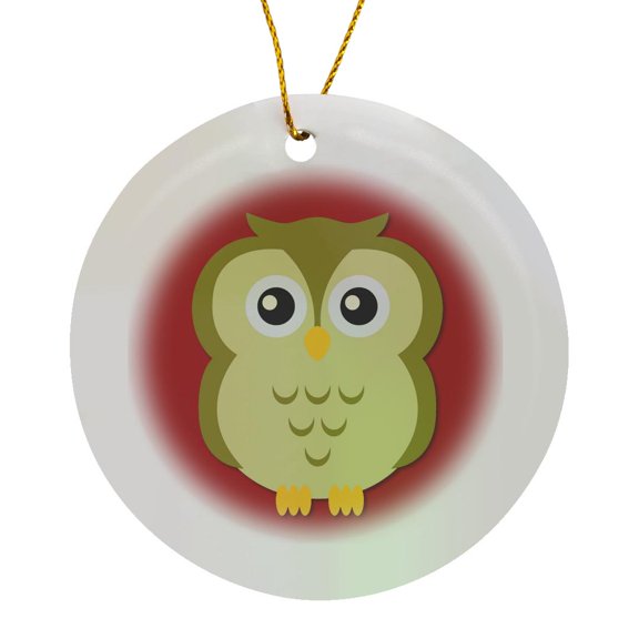 3drose, Brown Cartoon Owl on Red Background, Circle Porcelain Ornament