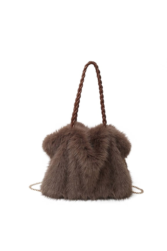 Brown Casual Pleated Tote For Ladies With An Adjustable Shoulder Strap Soft Faux Fur Exterior Ideal For Fall And Winter Use