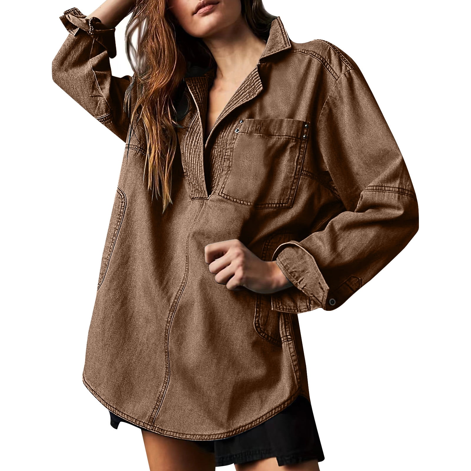 Women's Crochet Long Sleeve V-Neck Sweater Top - 2025 Fashion Fall Winter Blouse (100% Polyester, Hand/Machine Wash)