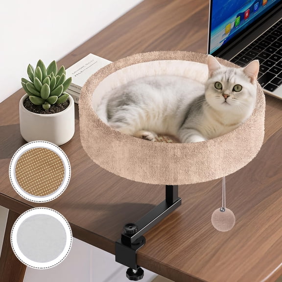 Brown Cat Hammock Desk Bed, Adjustable 360° Rotating Indoor Pet Resting Spot for Desks