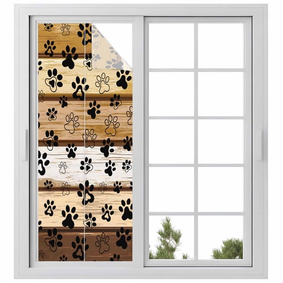 Brown Cat Paw Print Window Privacy Film, Vintage Farmhouse Country Wooden Grain Static Cling UV Sun Blocking Heat Control Window Tint, Non-Adhesive One Way Windows Privacy Cover 23.6''x59''