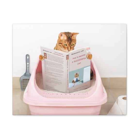 Brown Cat Reading A Book Sitting On Toilet Funny Canvas Wall Art for Home Decor Ready-to-Hand