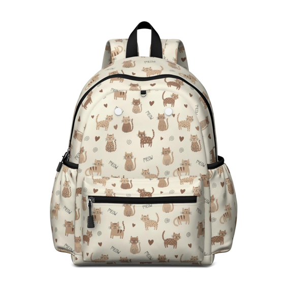 Brown Cat and Heart Beige Pattern Cute School Backpack with Padded Back and Adjustable Shoulder Straps 13.4"x11"x4.7"