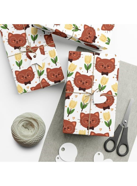 Brown Cat and Tulips Gift Wrap