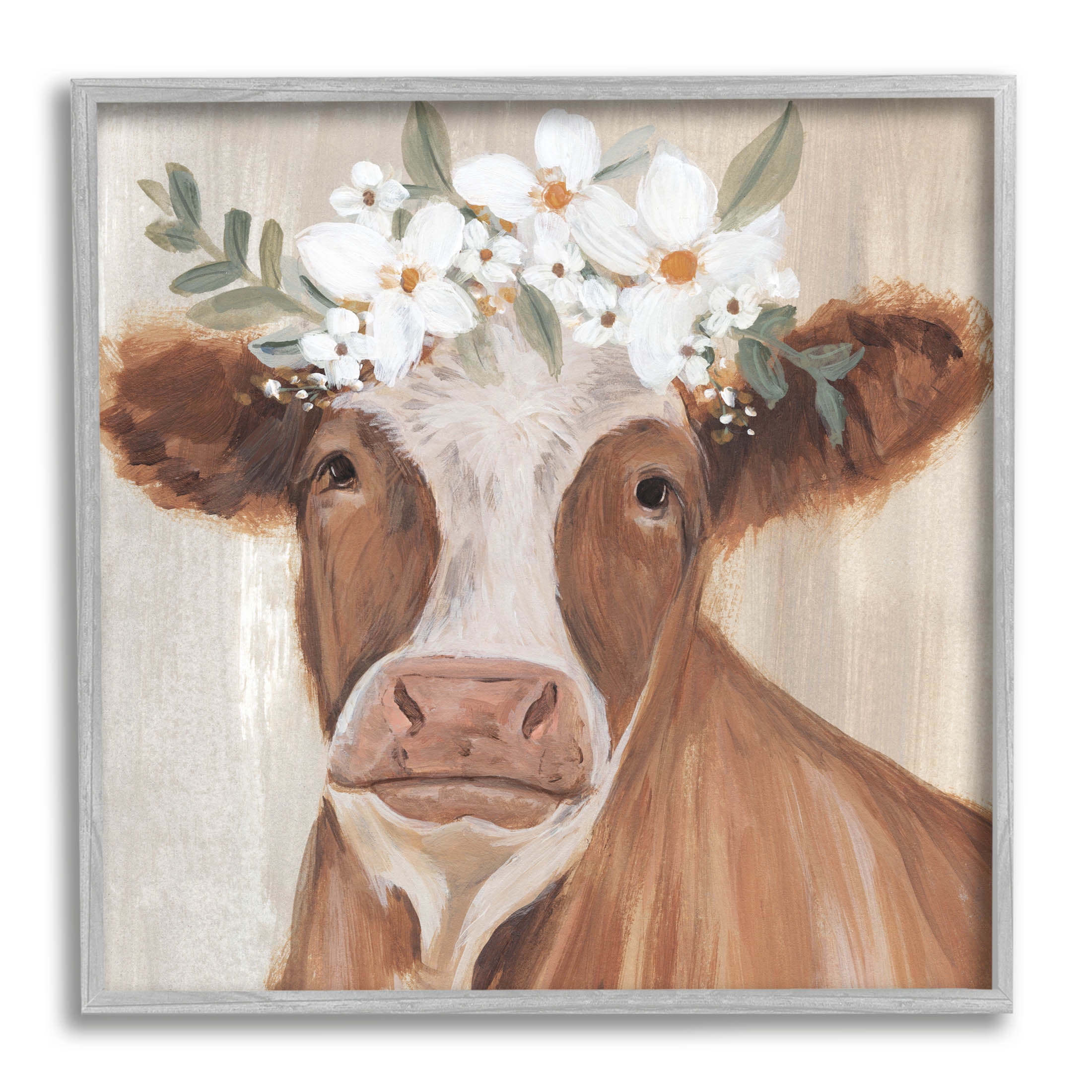Brown Cattle Floral Bloom Crown Animals & Insects Graphic Art Gray Framed Art Print Wall Art
