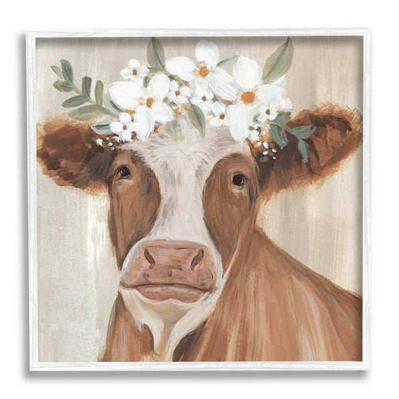 Brown Cattle Floral Bloom Crown Animals & Insects Graphic Art White Framed Art Print Wall Art