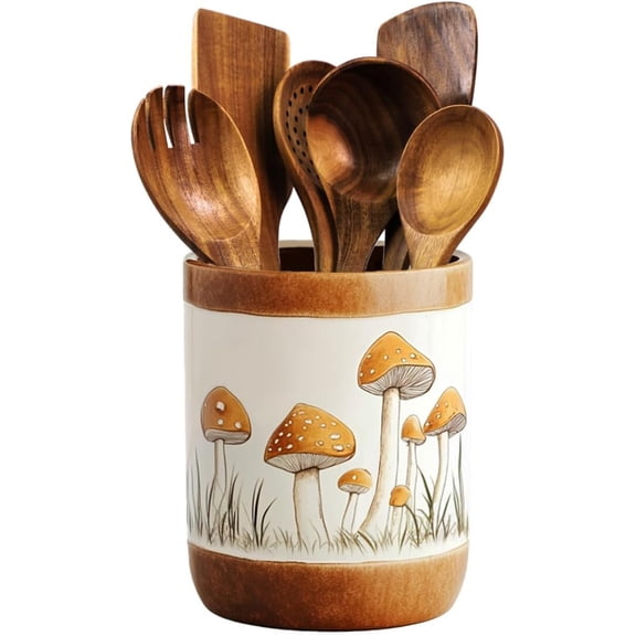 Brown Ceramic Mushroom Pattern Kitchen Utensil Holder  Large Cooking Utensil Crocks for Kitchen Countertop  Ceramic Utensil Organizer