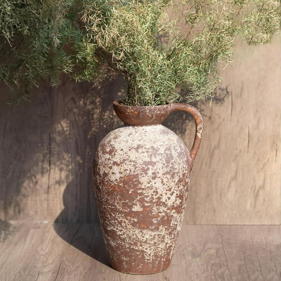 Brown Ceramic Rustic Farmhouse Vase Jug Pitcher with Handle, Distressed Antique Terracotta Pottery Flower Vase 14.2 Inch Handmade Large Floor Vintage Decorative for Home Living Room Decor