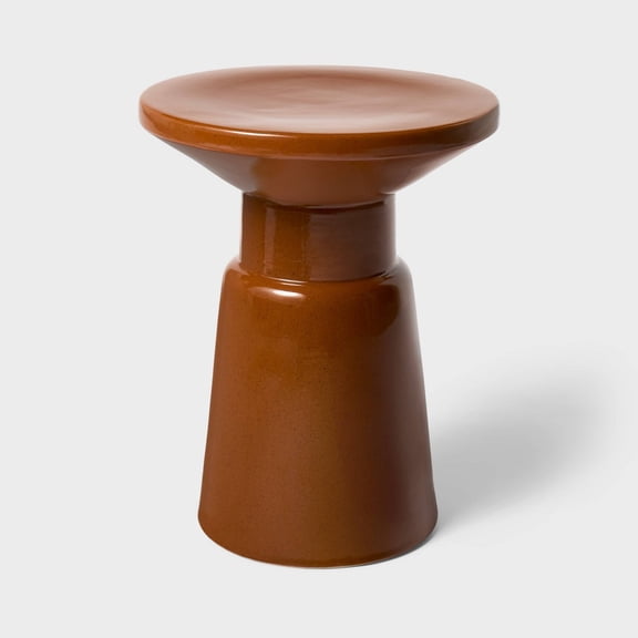 Brown Ceramic Side Table, Glazed Round End Table, No Assembly, 200 lb Capacity