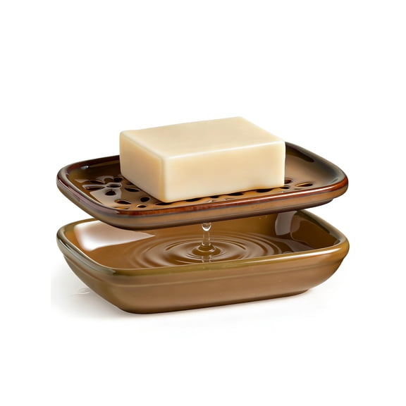 Brown Ceramic Soap Dish With Draining Tray For Shower Bathroom Kitchen Sink