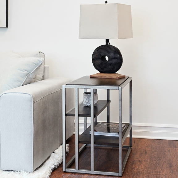 Brown Chairside Table With Stable Metal Frame And Practical Wood Shelf Modern Combined Storage