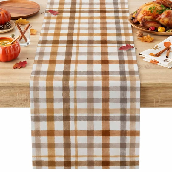 Brown Checked Cotton Linen Table Runner for Dining Kitchen, Watercolor Coffee Buffalo Plaid Wedding Outdoor Party Tablerunners Decoration, Dresser Scarf Coffee Tablecloth Runners 13x48 Inches