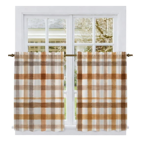 Brown Checked Kitchen Curtains 45 Inch Length, Watercolor Coffee Buffalo Plaid Tiers Curtains for Bathroom Bedroom Cafe, Light Filtering Small Window Treatment Short Tiered Drapes 2 Panels 42"Wx45"L