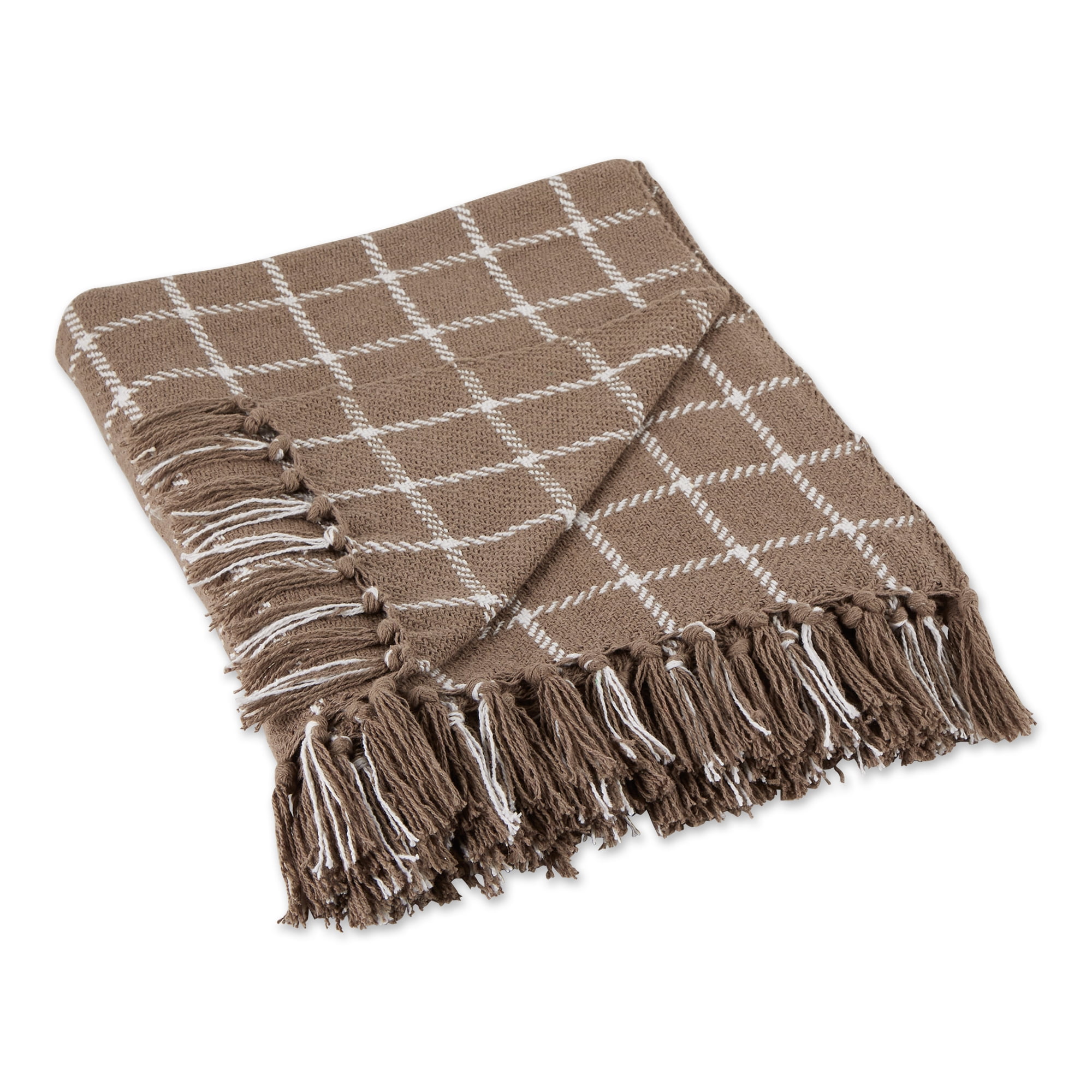 Brown and White Cotton Plaid Throw Blanket with Fringe