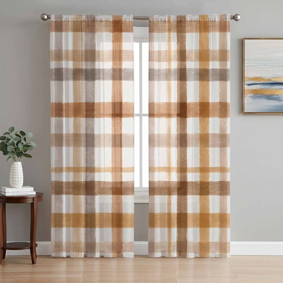Brown Checked Sheer Curtains 84 Inches Long, Watercolor Coffee Buffalo Plaid Light Filtering Window Curtains for Living Room/Bedroom, Rod Pocket Voile Sheer Curtain Drapes, 52"W x 84"L, 2 Panels
