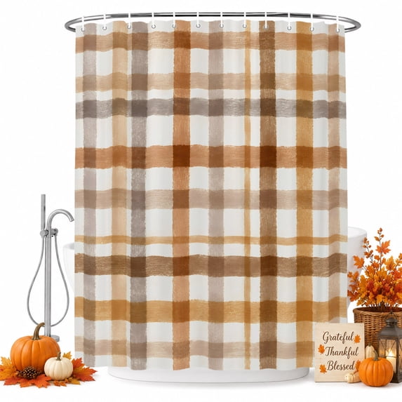 Brown Checked Shower Curtain Set - 48" x 72" Washable Bathtub Curtain with 12 Hooks, Watercolor Coffee Buffalo Plaid Waterproof Fabric Stall Shower Curtains for Bathroom/Bathtub Décor
