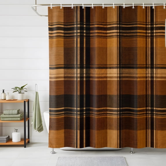 Brown Checked Shower Curtains for Bathroom, Farmhouse Tan Brown Buffalo Plaid Waterproof Fabric Shower Curtain, Decorative Bathroom Curtain for Bathtub, 72"x84", No Hooks Included