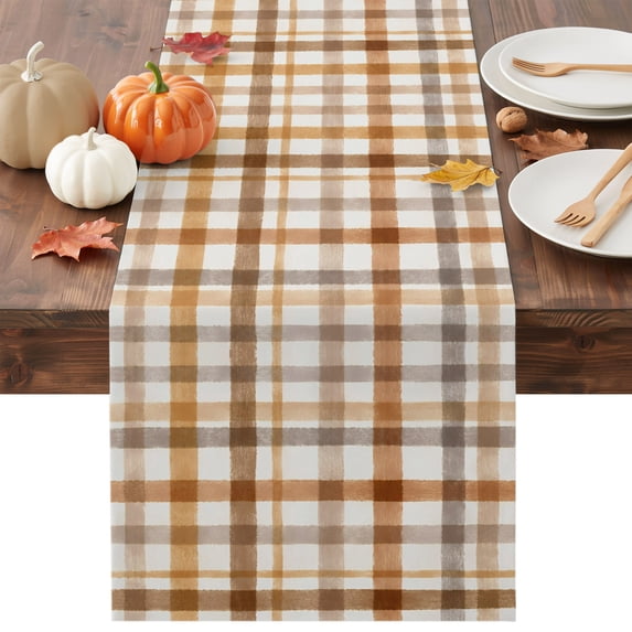 Brown Checked Table Runner - 120 Inch Long Watercolor Coffee Buffalo Plaid Cotton and Linen Blended Dress Scarves Farmhouse Table Runner for Kitchen Dining, Coffee Table, 13" x 120"