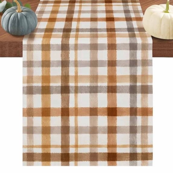 Brown Checked Table Runner 120 Inches Long, Watercolor Coffee Buffalo Plaid Cotton Linen Table Runners Dresser Scarves, Decorative Fabric Tabletop Scarf Furniture Cover for Home Dinner Party 13"x120"