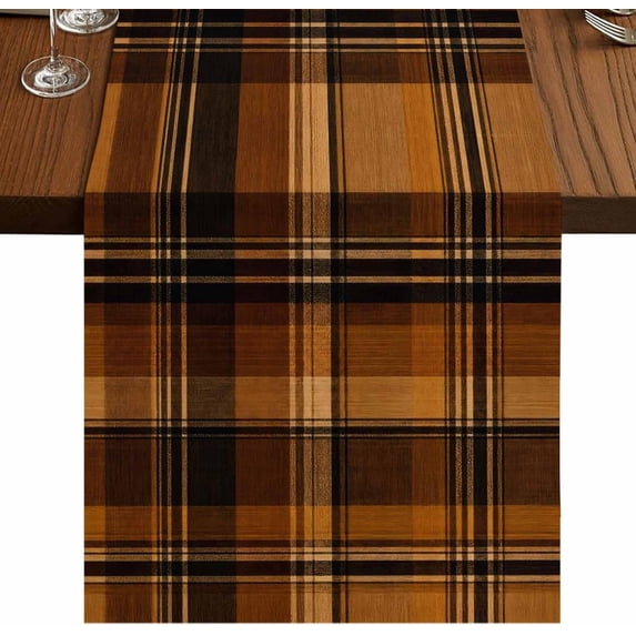Brown Checked Table Runner 13"x90", Cotton Linen Tan Buffalo Plaid ...