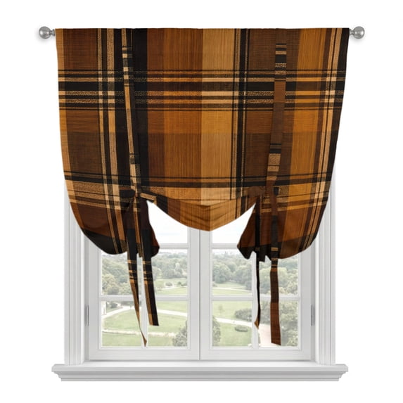 Brown Checked Tie Up Curtains 45 Inches Long, Kitchen Window Curtains Over Sink, Farmhouse Tan Brown Buffalo Plaid Small Window Curtains Shade Balloon Curtains Valances for Bedroom/Cafe 34"x45"