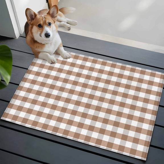 Brown Checkered Bathroom Mat 2x3 FT, Non Slip Small Kitchen Mat, Farmhouse Brown Grey White Buffalo Plaid Washable Soft Backed Front Door Throw Rug Indoor Outdoor Doormat for Entryway