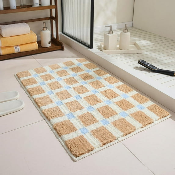 Brown Checkered Bathroom Rug 32" x 20", Blue Accents, Extra Soft Absorbent Non-Slip Washable Plush Fluffy Shaggy Microfiber Bath Mat, Aesthetic Runner Rug for Bedroom