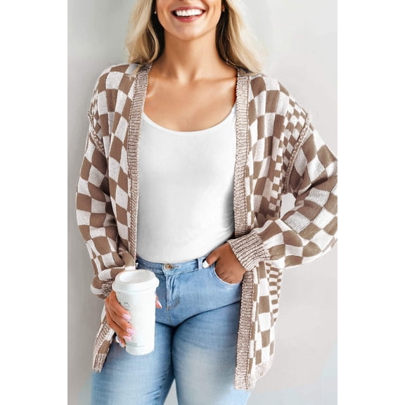 I AM A FASHION JUNKY Brown Checkered Bubble Sleeve Drop Shoulder Open Cardigan