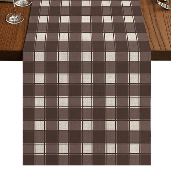 Brown Checkered Burlap Cotton Table Runner 16x72 Inches Long, Farmhouse Plaid Buffalo Elegant Farmhouse Table Runners, Outdoor Dining Table Decor for Baby Shower/Party/Wedding
