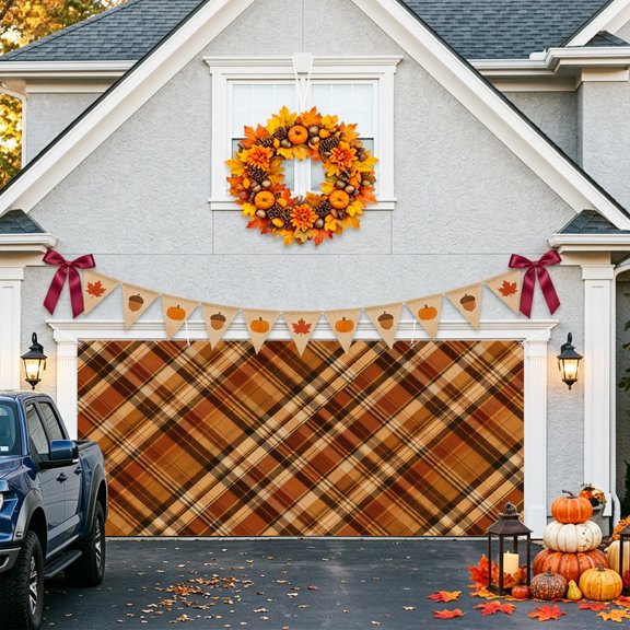 Brown Checkered Garage Door Banner Covers, Country Vintage Farmhouse Classic Plaid Grid Large Hanging Indoor/Outdoor Backdrop Background for Christmas Winter Party Decor, 6.9x16ft