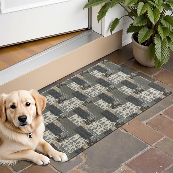 Brown Checkered Geometric and Floral Pattern Door Rugs,Washable Non Slip Door Mats Indoor,Decorative Door Mats,Entry Mat Indoor for Entrance,Bedroom,Kitchen,Bathroom,16"x24"
