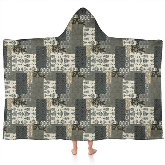 Brown Checkered Geometric and Floral Pattern Hooded Bath Towel,60"x35" for Ages 3 To 12 Kids, Quick Dry Lightweight Soft Microfiber Hood Beach Towel Cover Up for Kids