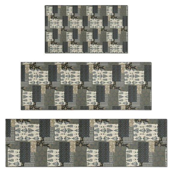 Brown Checkered Geometric and Floral Pattern Kitchen Rugs Sets Of 3,Kitchen Runner Rugs Non Skid Washable,Decorative Kitchen Floor Mats for Kitchen,Sink,Laundry,17"x30"+ 17"x47" + 17"x59"