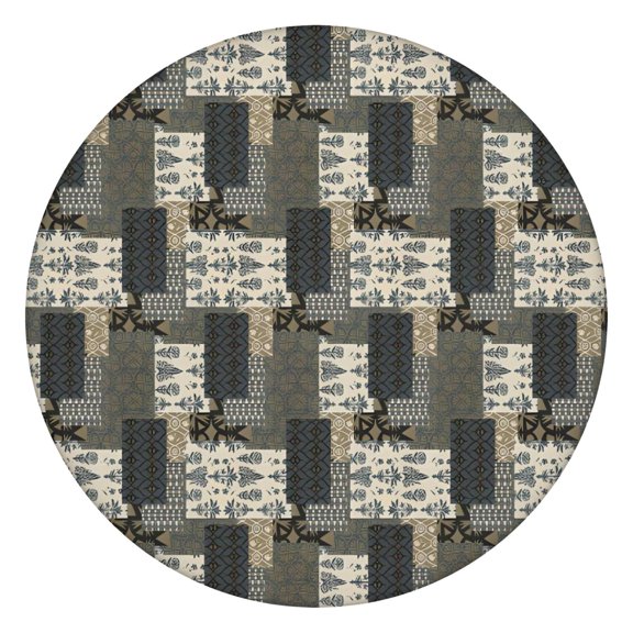 Brown Checkered Geometric and Floral Pattern Round Fitted Tablecloth with Elastic Edge,Dining Table Cover Waterproof,Outdoor Round Tablecloth for Camping,Dining,Indoor and Outdoor