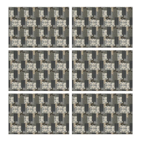 Brown Checkered Geometric and Floral Pattern Summer Placemats Table Placemats Set Of 6-Linen Kitchen Washable Placemats Table Mats 11.8"x17.7" Non-Slip Heat Resistant