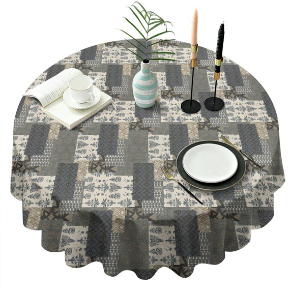 Brown Checkered Geometric and Floral Pattern Round Tablecloth 60"x60",Wrinkle Wipeable Table Cloth for Kitchen Dining Room Picnic Patio Party