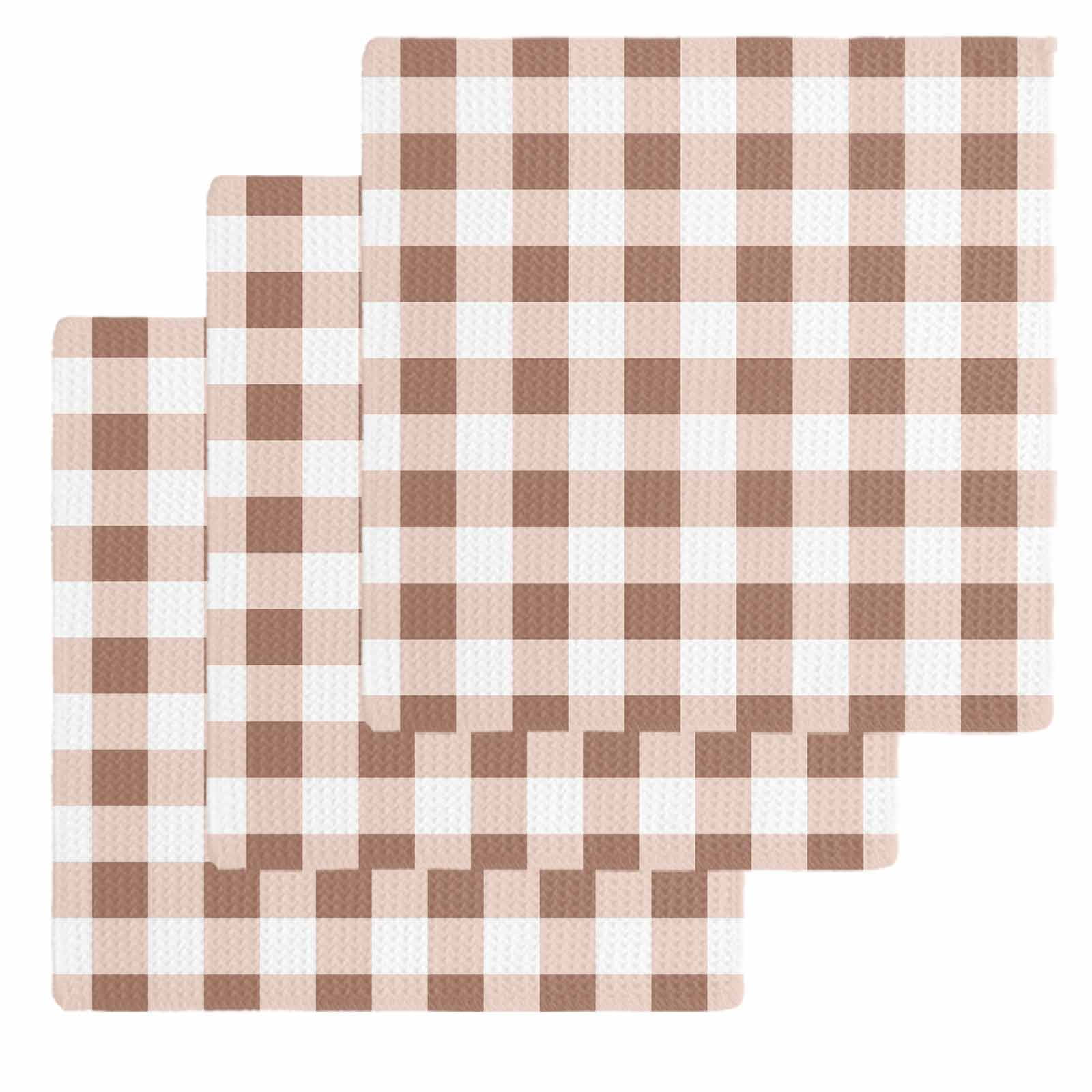Brown Checkered Kitchen Dish Towels for Drying Dishes Set of 3, Farmhouse Buffalo Plaid Waffle Weave Microfiber Hand Tea Bathroom Towels Quick Dry & Absorbent Towel 12x12