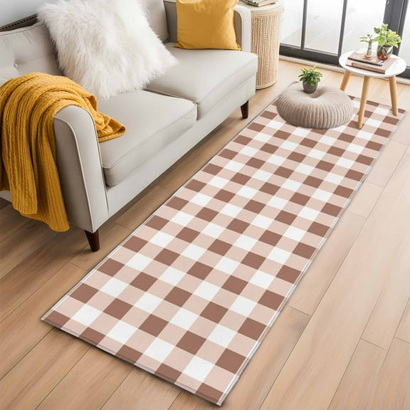 Brown Checkered Kitchen Runner Rug 2x6 Washable Runners for Hallway Non Slip Farmhouse Buffalo Plaid Large Area Rug Indoor Floor Carpet for Bathroom Laundry Entryway Bedroom Living Room
