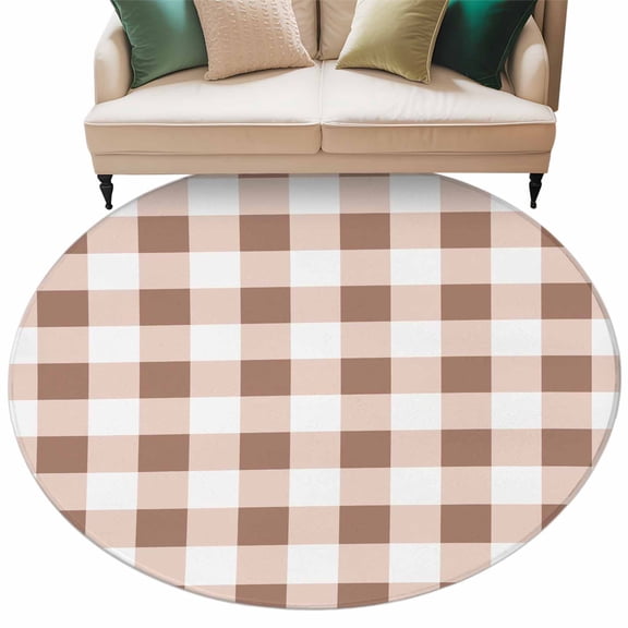 Brown Checkered Large Area Rugs for Bedroom Living Room, Soft Non Slip Carpet Bedside Rug, Farmhouse Buffalo Plaid Round Floor Cover Kitchen Accent Rug 8' for Dining Room/Office
