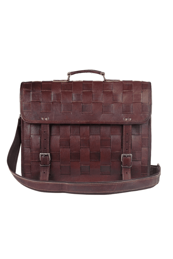 Brown Checkered Leather Messenger bag, Goat leather Briefcase, Lawyer Briefcase, gift for him
