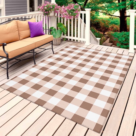 Brown Checkered Outdoor Rug 5x7 Ft, Non Slip Washable Area Rug, Farmhouse Buffalo Plaid Patio Rugs Carpet Runner, Large Floor Mat for Indoor/Outdoor Deck Porch Camping