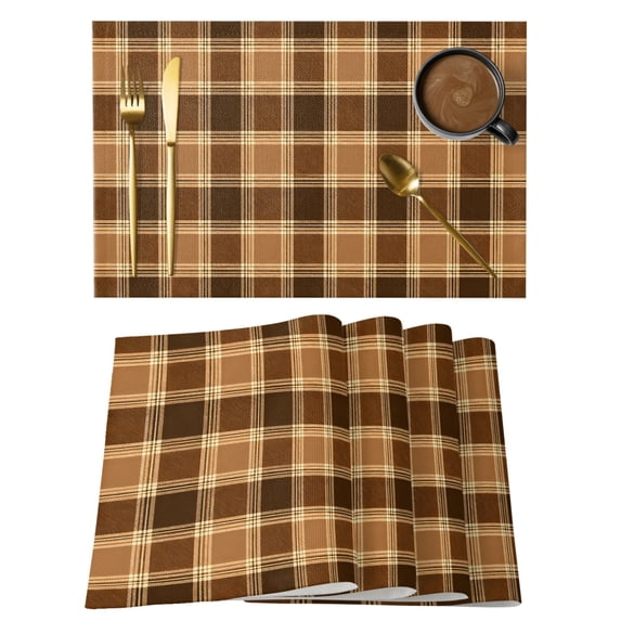 Brown Checkered Placemats Set of 6 Modern Farmhouse Brwon Buffalo Plaid Place Mats Indoor Wipeable Table Mats Washable Cloth Dining Table Placemats for Kitchen Holiday Party Home Decor 13x19 Inch