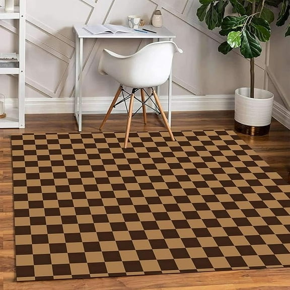 Brown Checkered Retro Accent Area Rug For Living Room Dining Room Soft Washable Throw Carpet Beside Bed Chair Thick Non-Slip Home Office Indoor Outdoor Floor Rug 3 x 4ft